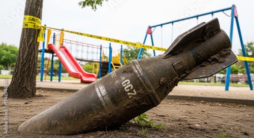 A large unexploded bomb lies on the ground in a playground with a yellow caution tape wrapped around a tree in the background and a red slide and swing set.