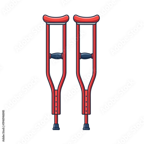 Pair Of Modern Red Crutches Depicting Mobility Aids And Supporting Injury Recovery