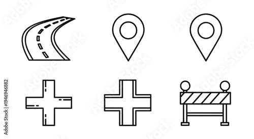 Set of Outline Icons: Curved Road, Map Pins, Plus Signs, and Road Barrier on Isolated White Background
