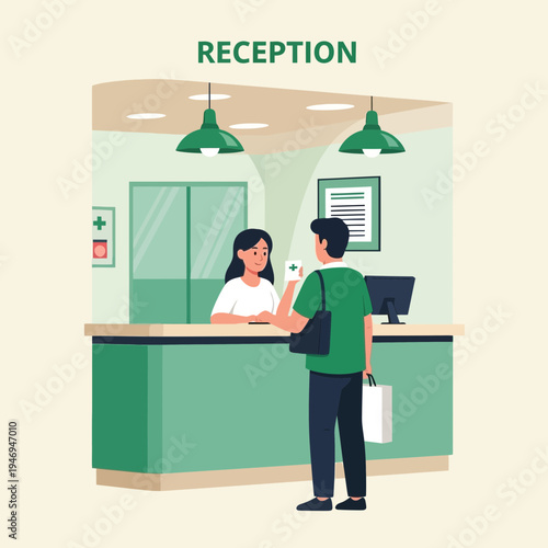 Patient Consultation: A Simple Visit to the Healthcare Clinic Reception Desk Illustration