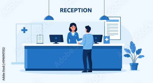 Patient Consultation And Reception In A Modern Clinic With Blue Design Elements