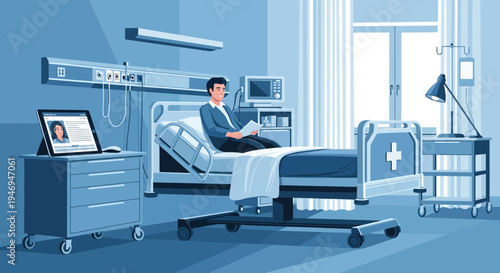 Patient In Hospital Room Reviewing Data on Tablet with Medical Equipment