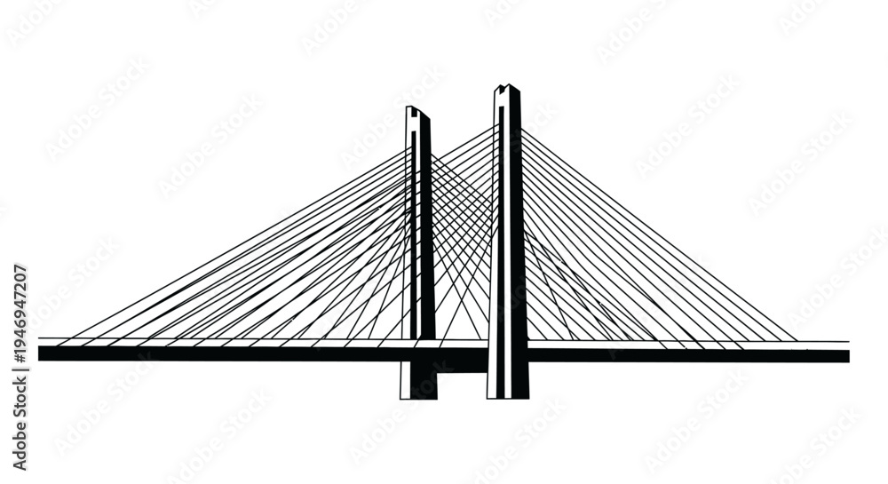 Obraz premium Modern Cable-Stayed Bridge Structure Outline Drawing on isolated white background.