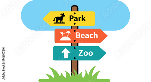 Vibrant Wooden Signpost Pointing to Park, Beach, and Zoo in Grassy Landscape with blue sky.