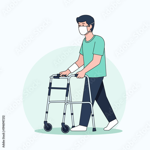 Patient Navigating Recovery, Utilizing a Walker, and Wearing a Mask for Safety