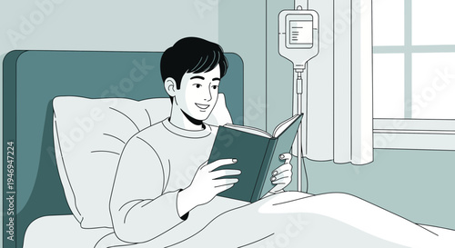Patient Reading a Book In Bed While Receiving Medical Care In A Hospital Room