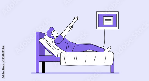 Patient Reaching Upward Lying In Bed While Monitoring Medical Display