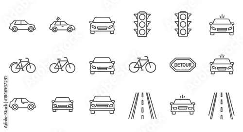 Collection of Road Traffic Signs and Vehicle Line Icons on isolated white background.