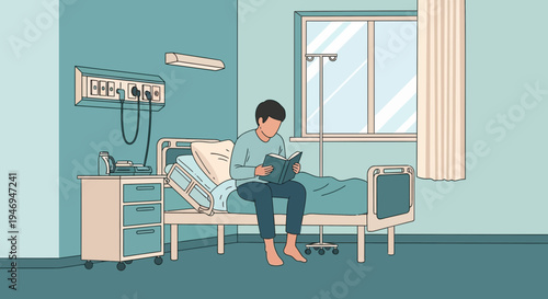 Patient Reading a Book in Hospital Room During Recovery While Undergoing Treatment