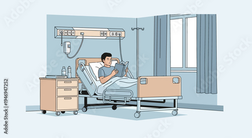 Patient Reading Book in Hospital Bed During Recovery With Window and Cabinet Nearby