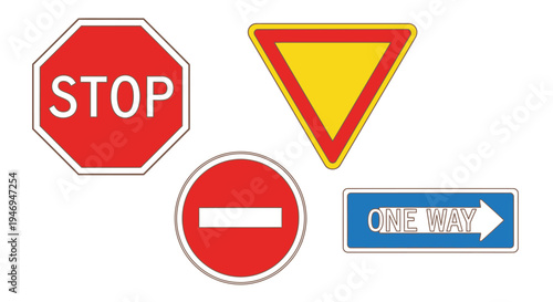 Set of Common Road Signs Stop Yield No Entry One Way on Isolated White Background