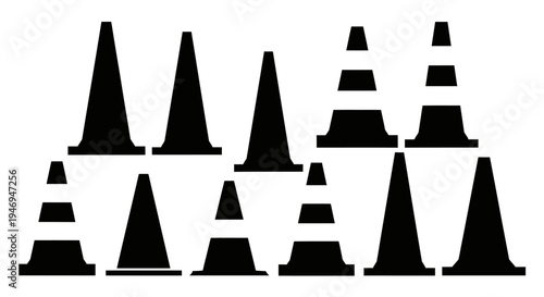 Collection of Black Silhouette Road Safety Cones in Various Sizes on Isolated White Background