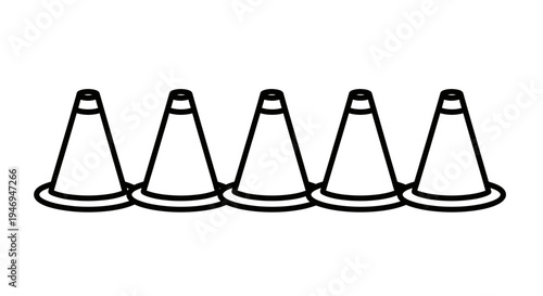 Row of Three Outline Road Safety Cones on Isolated White Background