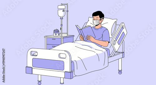 Patient Reading Book While Recovering In Hospital Bed With Mask and IV Drip