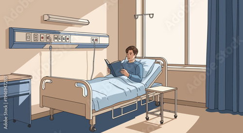 Patient Reads Book in Hospital Room During Recuperation and Medical Treatment