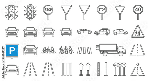 Comprehensive Set of Road Signs Traffic Lights Cars and Pedestrians Line Icons