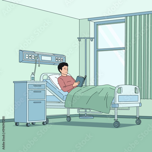 Patient Reading Book in Hospital Room Depicting Healthcare Treatment and Recuperation