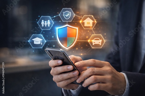 Digital insurance protection platform concept with mobile technology risk management and smart coverage services