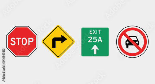 Road Traffic Signs Set Including Stop Right Turn Exit and No Cars on Light Gray Background