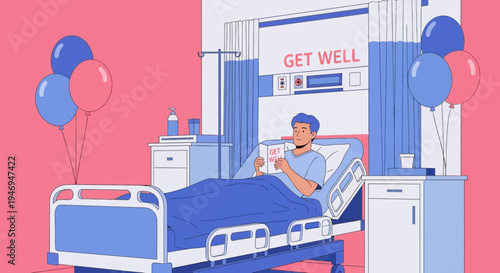 Patient Resting in Hospital Room, Reading With Balloons, Get Well Soon Illustration
