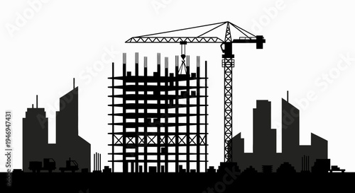 City Skyline Silhouette with Building Under Construction and Crane in Bright Studio