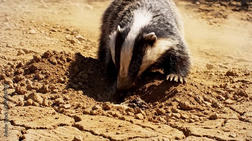 Fierce Honey Badger Digging Furiously For Grubs In Dry Earth