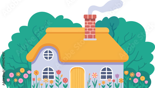 Charming thatched cottage with smoking chimney surrounded by lush green bushes and colorful spring flowers, flat vector illustration