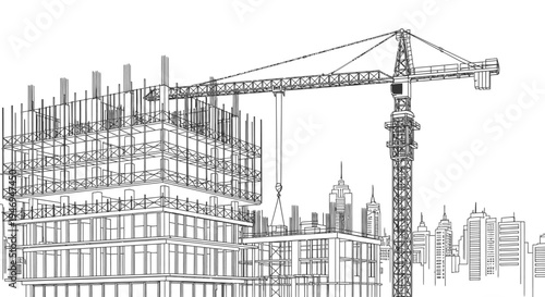 Building Under Construction Wireframe Blueprint with Crane and City Skyline on Isolated White Background