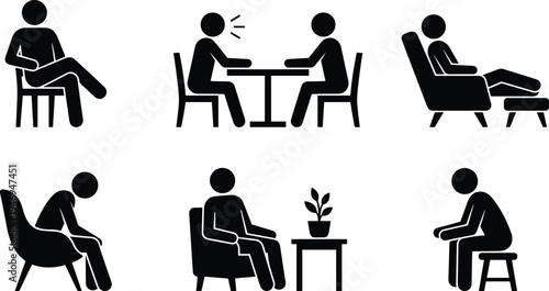Psychology therapy and counseling session silhouettes showing people sitting, talking, relaxing and expressing emotions in mental health consultation scenes