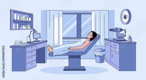 Patient Undergoes Eye Examination at Optometrist Clinic, Detailed Illustrated Scene