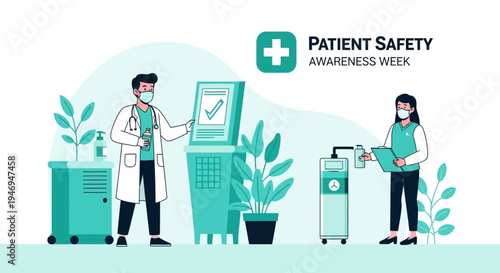 Patient Safety Awareness Week Concept: Modern Healthcare Staff With Sanitization and Equipment