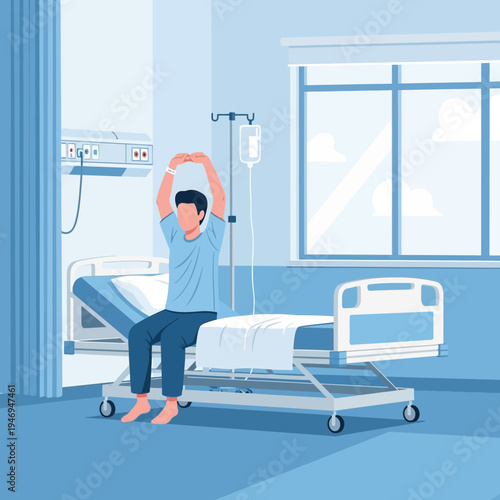 Patient Stretching After Rest, Recapturing Energy In Modern Hospital Room, Medical Recovery