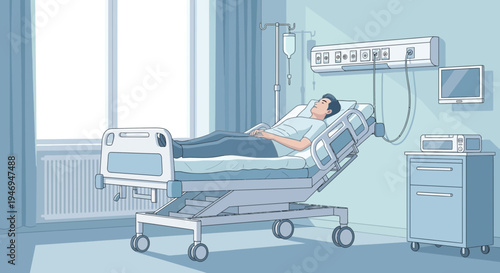 Patient Under Care, Resting Peacefully in Hospital Room, Medical Treatment and Monitoring