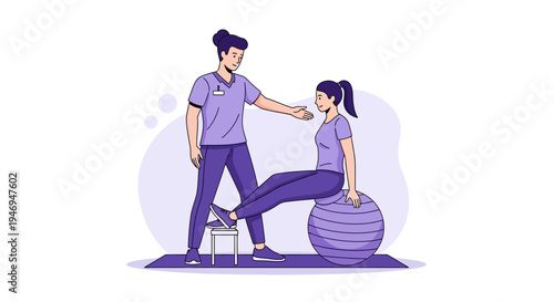 Patient Undergoing Physical Therapy on an Exercise Ball with Assistance from a Therapist