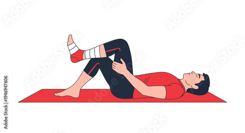 Patient Undergoing Physical Therapy Rehabilitation After Leg Injury Exercise On Red Mat