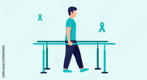 Patient Undergoing Physical Therapy Rehabilitation, Walking With Support Rails And Ribbon Symbols
