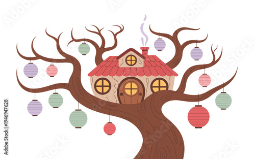 Enchanting small house built in a bare tree, adorned with colorful paper lanterns, whimsical flat illustration