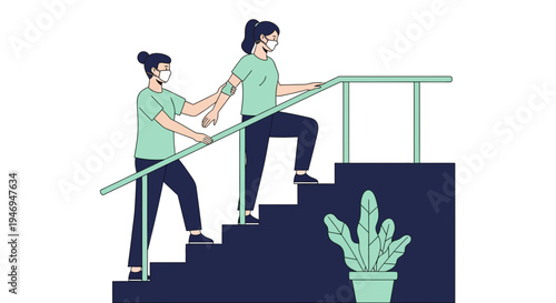 Patient Undergoing Rehabilitation Exercise With Therapist on Stairs During Pandemic