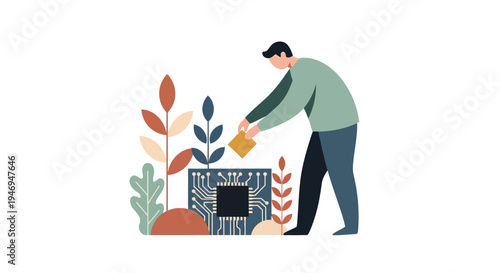 Man Watering Plants with Yellow Watering Can.