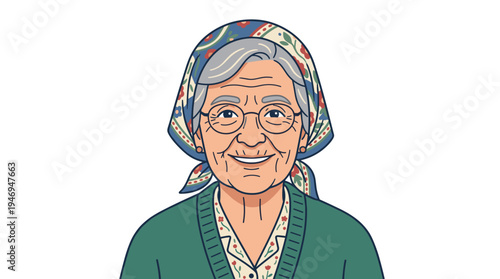 Portrait of an elderly woman, a gray-haired senior wearing a headscarf, smiling with wrinkles, depicted as a flat vector illustration against a white background