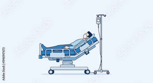 Patient Undergoing Treatment in Hospital Bed with Mask and Intravenous Drip