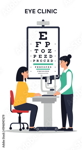 Patient Undergoing Vision Examination at Eye Clinic with Professional Optometrist and Eye Chart