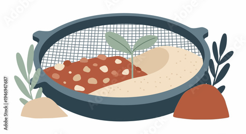 Sieve with soil and plant sprouts.