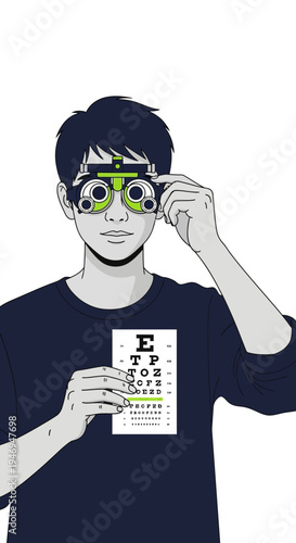 Patient Undergoing Vision Test Utilizing Phoropter With Eye Chart for Precise Optical Evaluation