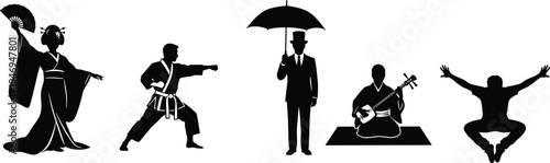 Japanese Culture Silhouette Collection with Geisha Samurai Musician Umbrella Gentleman and Jumping Man Traditional Japan Characters Isolated on White