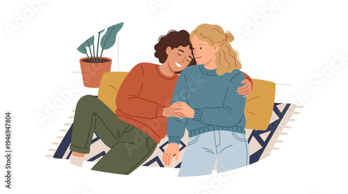 A lesbian pair, sharing affection as two contemporary women in love, depicted in a flat vector illustration on a white background