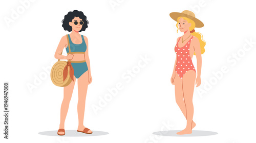 Summer swimwear, bra and panties. Women’s holiday swimsuits. Modern beachwear for bathing. Female bikini for swimming. Flat vector illustration on a white background