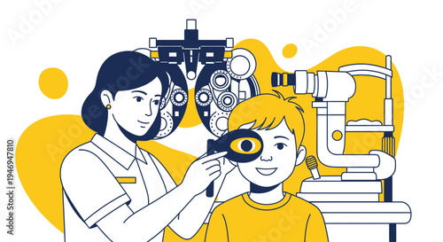 Pediatric Optometrist Examines Young Boy's Vision in Colorful Flat Illustration