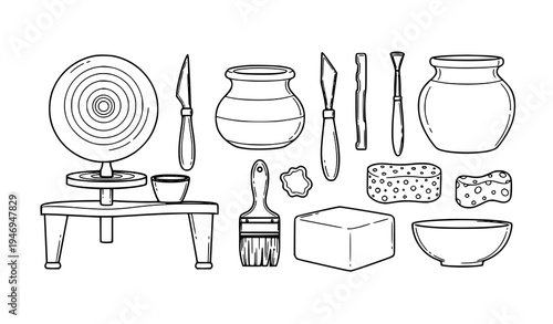 Pottery and ceramic craft tools outline vector set with wheel clay pot carving tools