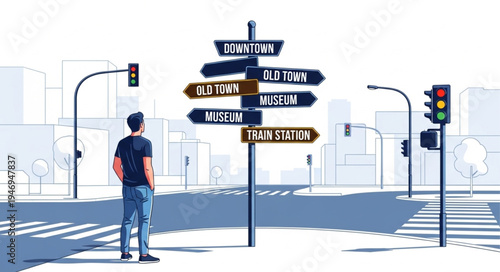 Man looks at city street signs.